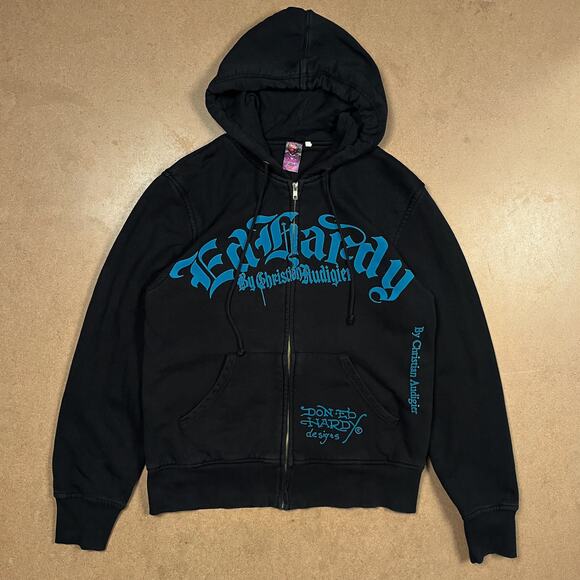 Vintage Ed Hardy Full Zip Hoodie Sweatshirt Faded Black Grunge Goth Emo Y2K - Picture 3 of 16